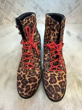SO Leopard Print Lace-Up Women's Combat Boots with Red Laces 9.5